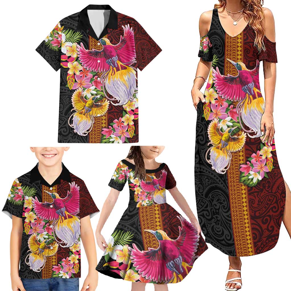 Papua New Guinea Birds and Frangipani Family Matching Summer Maxi Dress and Hawaiian Shirt Melanesian Art Tattoos - Polynesian Pride