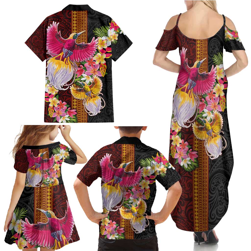 Papua New Guinea Birds and Frangipani Family Matching Summer Maxi Dress and Hawaiian Shirt Melanesian Art Tattoos - Polynesian Pride