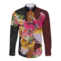 Papua New Guinea Birds and Frangipani Long Sleeve Button Shirt Melanesian Art Tattoos - Polynesian Pride