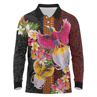 Papua New Guinea Birds and Frangipani Long Sleeve Polo Shirt Melanesian Art Tattoos - Polynesian Pride