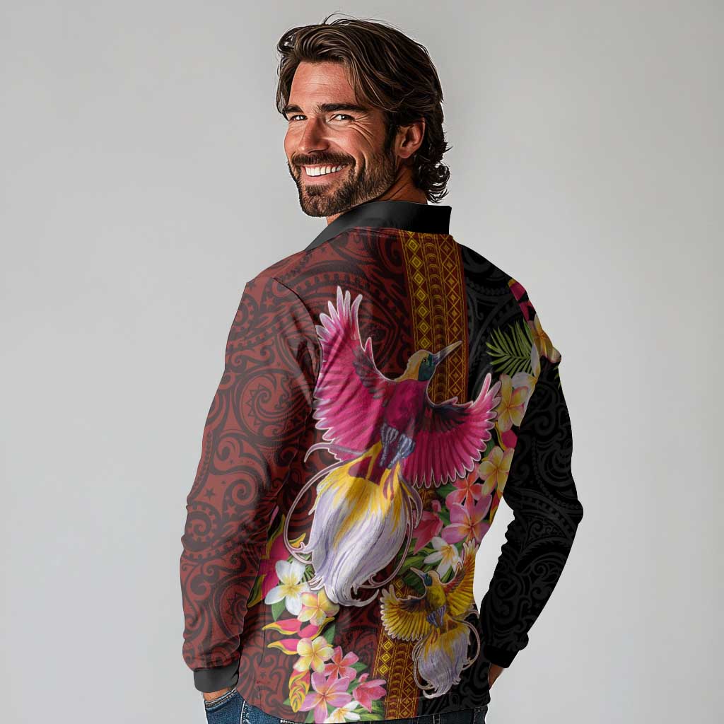 Papua New Guinea Birds and Frangipani Long Sleeve Polo Shirt Melanesian Art Tattoos - Polynesian Pride