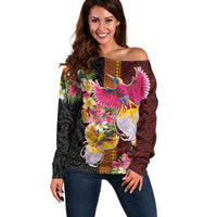 Papua New Guinea Birds and Frangipani Off Shoulder Sweater Melanesian Art Tattoos - Polynesian Pride