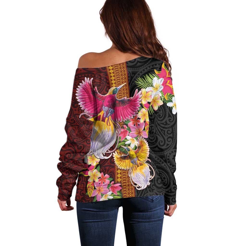 Papua New Guinea Birds and Frangipani Off Shoulder Sweater Melanesian Art Tattoos - Polynesian Pride