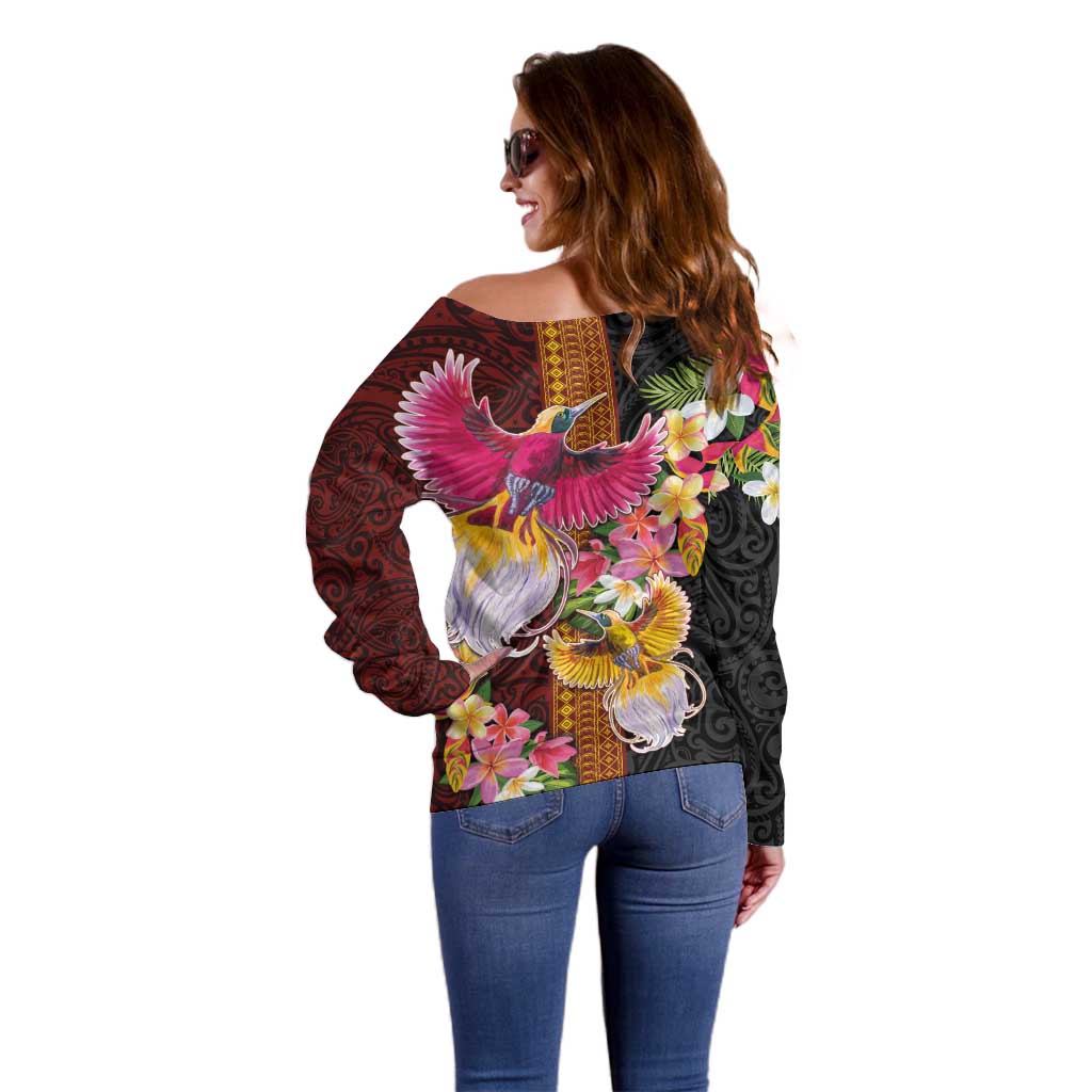 Papua New Guinea Birds and Frangipani Off Shoulder Sweater Melanesian Art Tattoos - Polynesian Pride