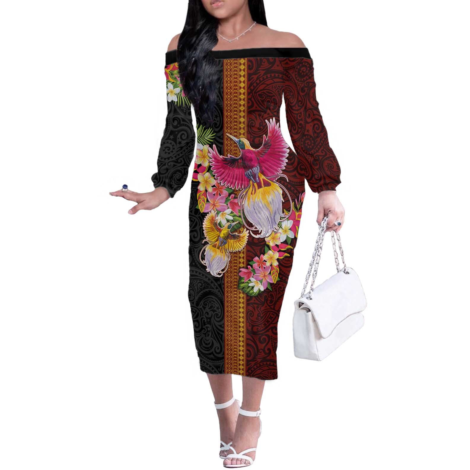 Papua New Guinea Birds and Frangipani Off The Shoulder Long Sleeve Dress Melanesian Art Tattoos - Polynesian Pride