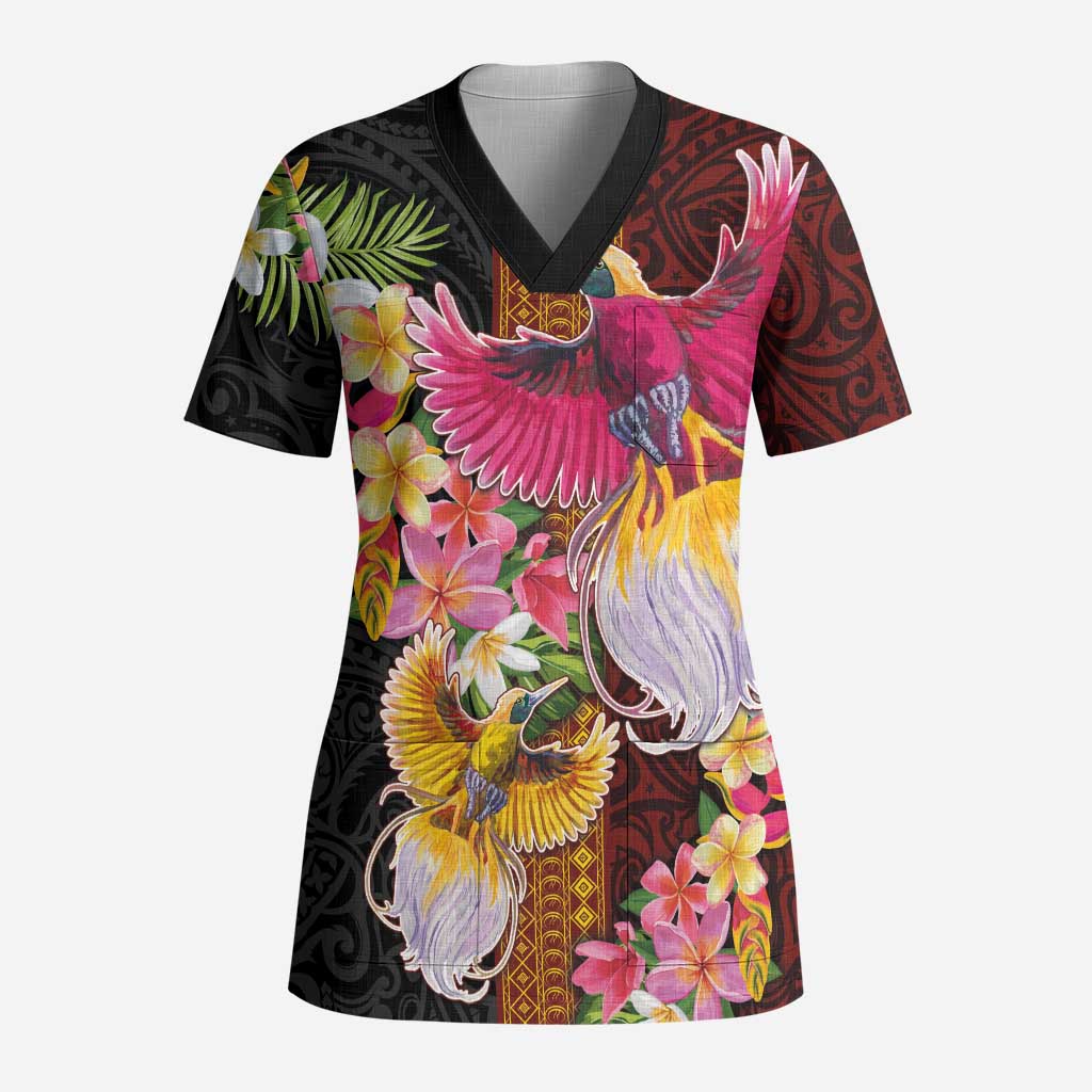 Papua New Guinea Birds and Frangipani Scrub Top Melanesian Art Tattoos - Polynesian Pride