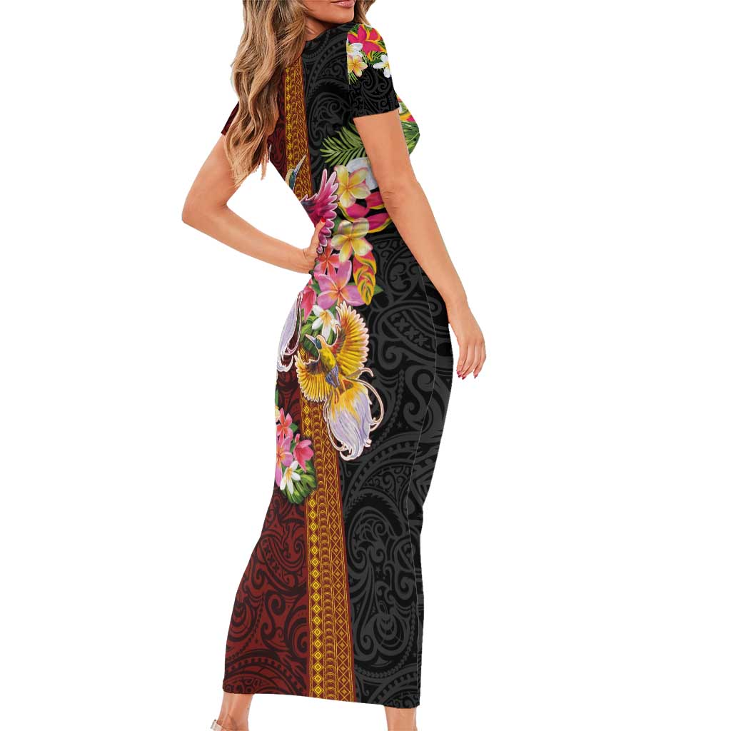 Papua New Guinea Birds and Frangipani Short Sleeve Bodycon Dress Melanesian Art Tattoos LT03 - Polynesian Pride