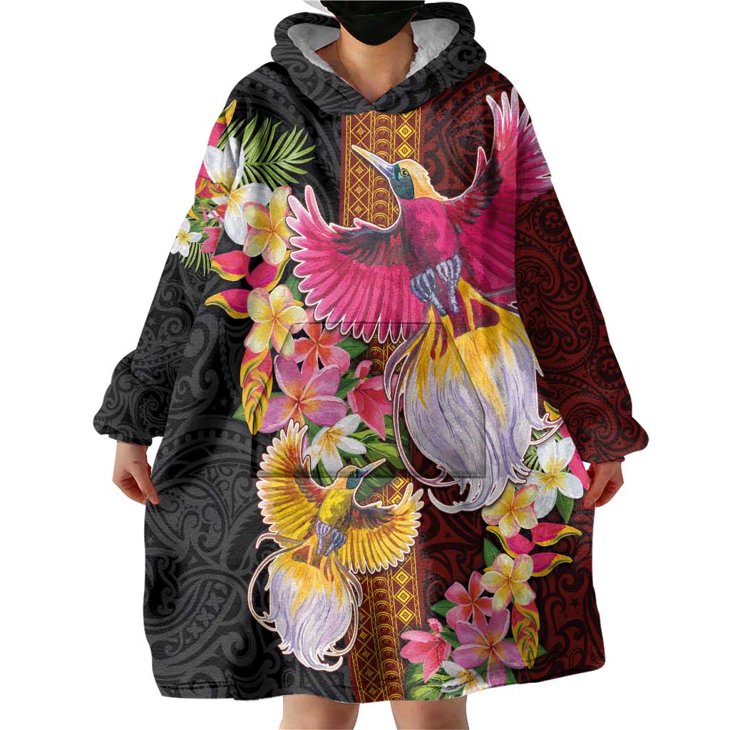 Papua New Guinea Birds and Frangipani Wearable Blanket Hoodie Melanesian Art Tattoos - Polynesian Pride