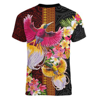 Papua New Guinea Birds and Frangipani Women V-Neck T-Shirt Melanesian Art Tattoos - Polynesian Pride