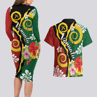 Melanesian Vanuatu Tribal Boar Tusk Couples Matching Long Sleeve Bodycon Dress and Hawaiian Shirt Tropical Plants and Namele Motifs - Polynesian Pride