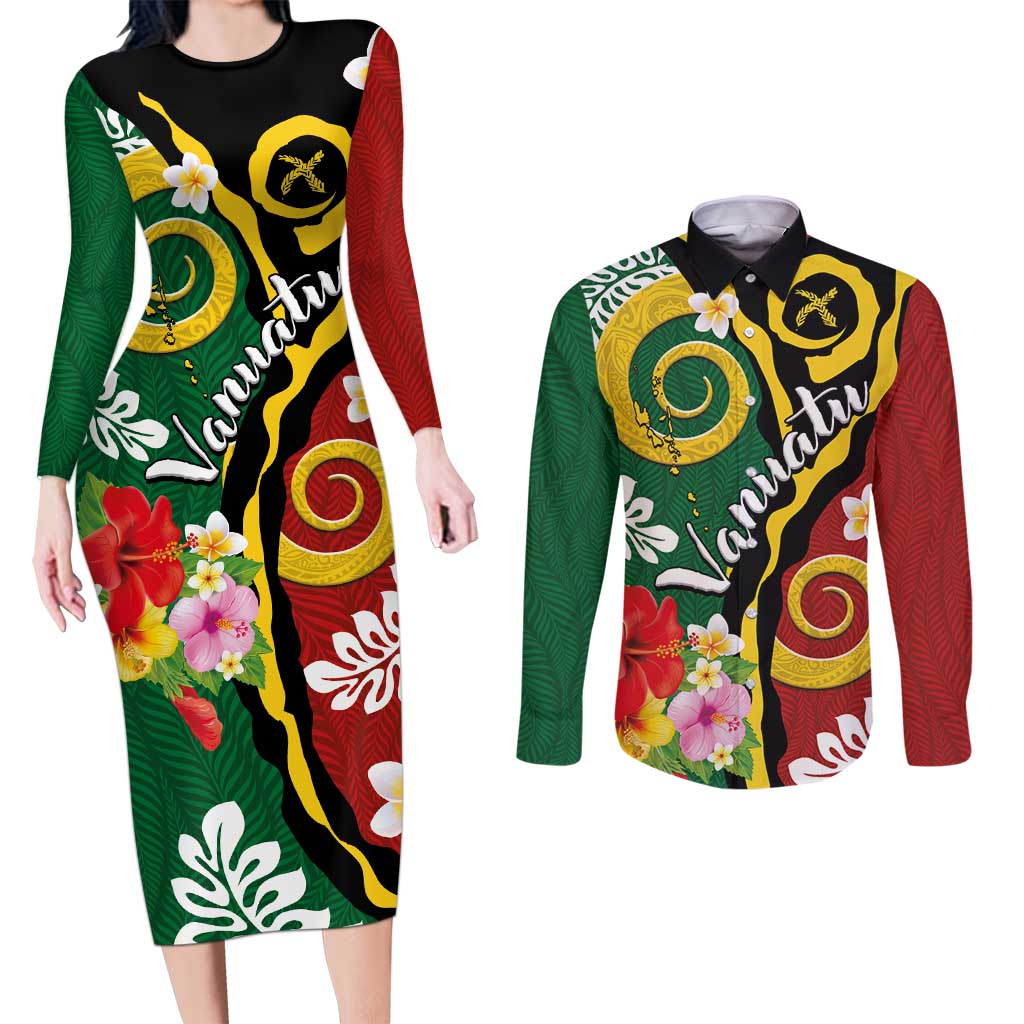 Melanesian Vanuatu Tribal Boar Tusk Couples Matching Long Sleeve Bodycon Dress and Long Sleeve Button Shirt Tropical Plants and Namele Motifs - Polynesian Pride