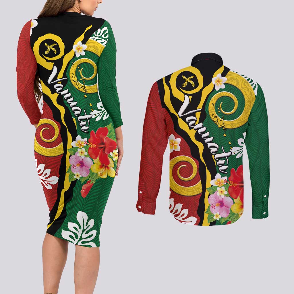 Melanesian Vanuatu Tribal Boar Tusk Couples Matching Long Sleeve Bodycon Dress and Long Sleeve Button Shirt Tropical Plants and Namele Motifs - Polynesian Pride
