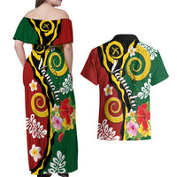 Melanesian Vanuatu Tribal Boar Tusk Couples Matching Off Shoulder Maxi Dress and Hawaiian Shirt Tropical Plants and Namele Motifs - Polynesian Pride