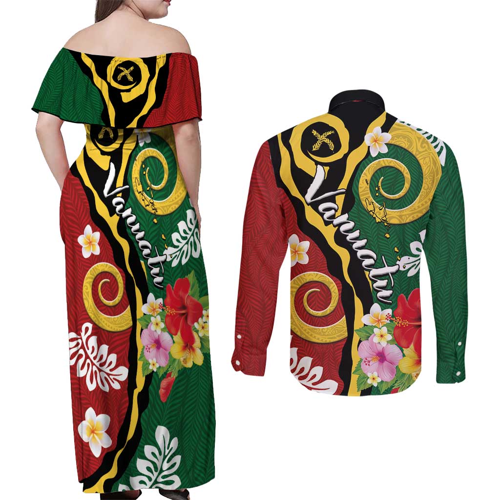 Melanesian Vanuatu Tribal Boar Tusk Couples Matching Off Shoulder Maxi Dress and Long Sleeve Button Shirt Tropical Plants and Namele Motifs - Polynesian Pride