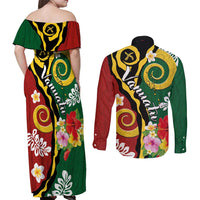 Melanesian Vanuatu Tribal Boar Tusk Couples Matching Off Shoulder Maxi Dress and Long Sleeve Button Shirt Tropical Plants and Namele Motifs - Polynesian Pride