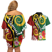 Melanesian Vanuatu Tribal Boar Tusk Couples Matching Off Shoulder Short Dress and Hawaiian Shirt Tropical Plants and Namele Motifs - Polynesian Pride