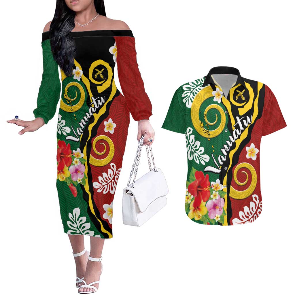 Melanesian Vanuatu Tribal Boar Tusk Couples Matching Off The Shoulder Long Sleeve Dress and Hawaiian Shirt Tropical Plants and Namele Motifs - Polynesian Pride