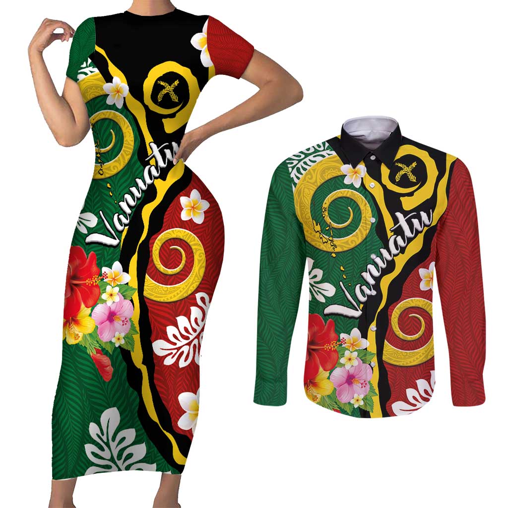 Melanesian Vanuatu Tribal Boar Tusk Couples Matching Short Sleeve Bodycon Dress and Long Sleeve Button Shirt Tropical Plants and Namele Motifs - Polynesian Pride