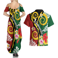 Melanesian Vanuatu Tribal Boar Tusk Couples Matching Summer Maxi Dress and Hawaiian Shirt Tropical Plants and Namele Motifs - Polynesian Pride