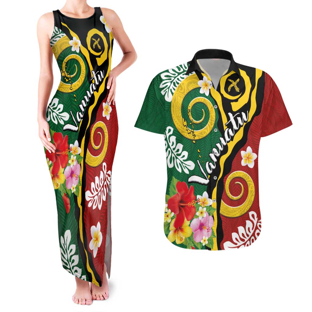 Melanesian Vanuatu Tribal Boar Tusk Couples Matching Tank Maxi Dress and Hawaiian Shirt Tropical Plants and Namele Motifs - Polynesian Pride
