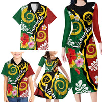 Melanesian Vanuatu Tribal Boar Tusk Family Matching Long Sleeve Bodycon Dress and Hawaiian Shirt Tropical Plants and Namele Motifs - Polynesian Pride