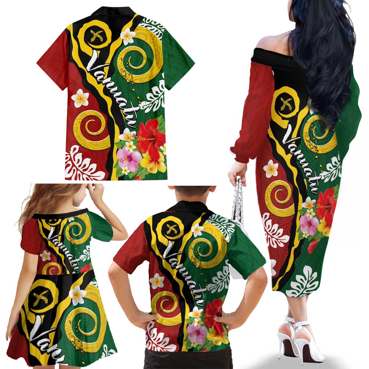 Melanesian Vanuatu Tribal Boar Tusk Family Matching Off The Shoulder Long Sleeve Dress and Hawaiian Shirt Tropical Plants and Namele Motifs - Polynesian Pride