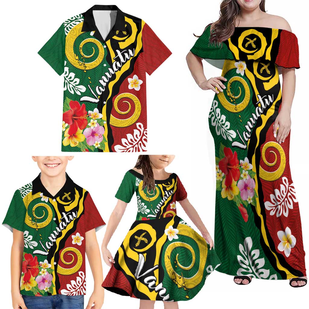 Melanesian Vanuatu Tribal Boar Tusk Family Matching Off Shoulder Maxi Dress and Hawaiian Shirt Tropical Plants and Namele Motifs - Polynesian Pride