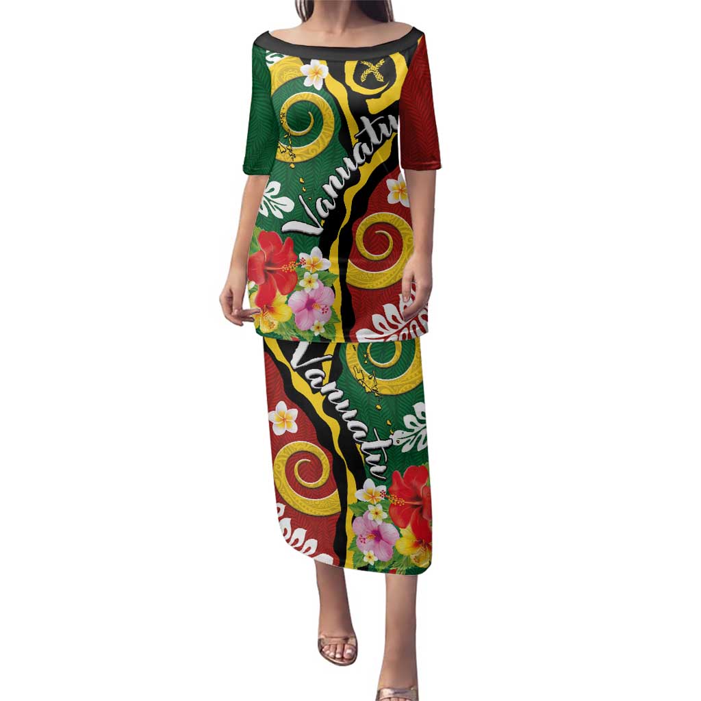 Melanesian Vanuatu Tribal Boar Tusk Family Matching Puletasi and Hawaiian Shirt Tropical Plants and Namele Motifs - Polynesian Pride