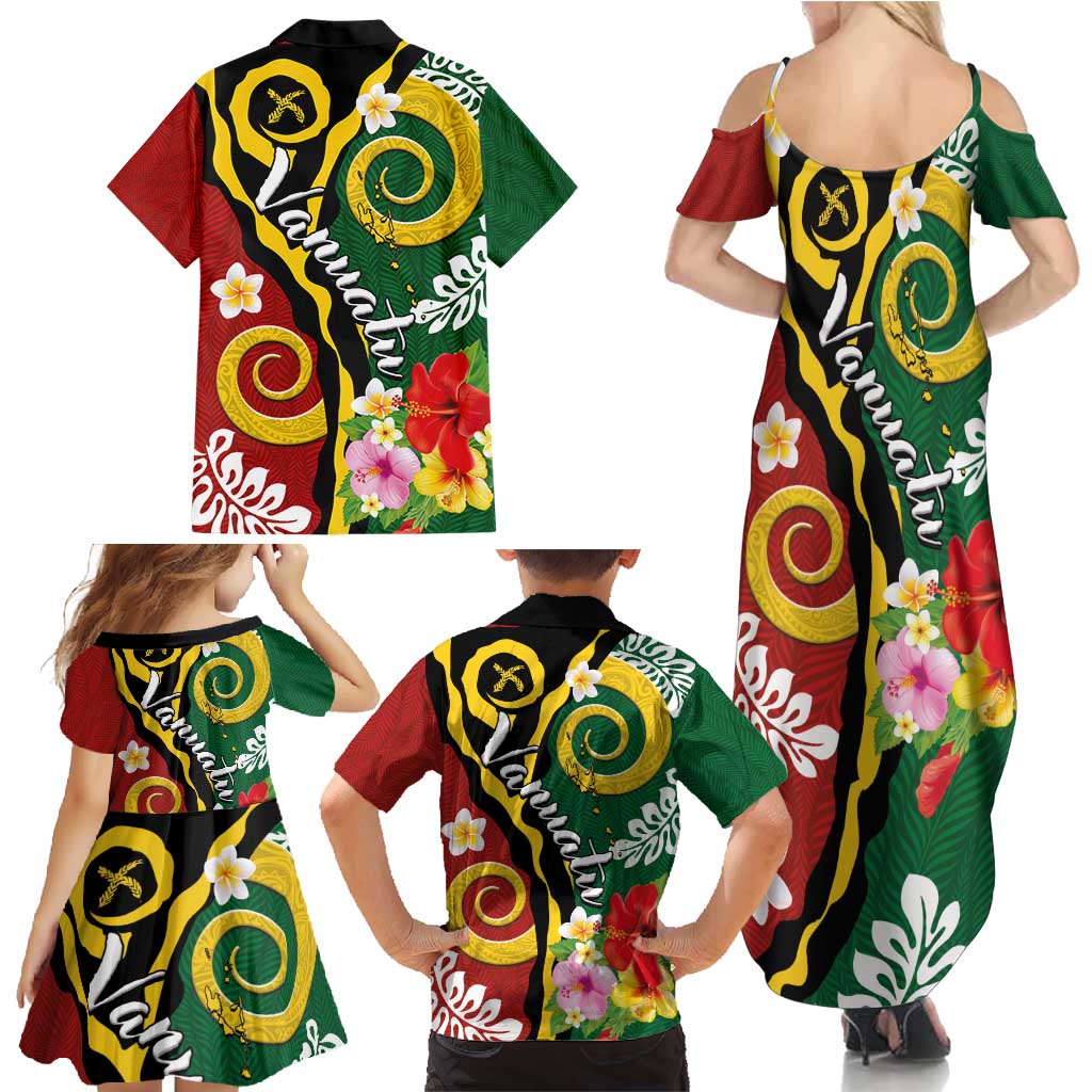 Melanesian Vanuatu Tribal Boar Tusk Family Matching Summer Maxi Dress and Hawaiian Shirt Tropical Plants and Namele Motifs - Polynesian Pride