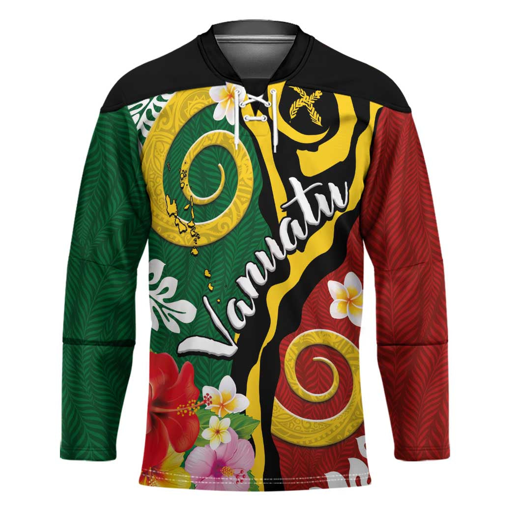 Melanesian Vanuatu Tribal Boar Tusk Hockey Jersey Tropical Plants and Namele Motifs - Polynesian Pride