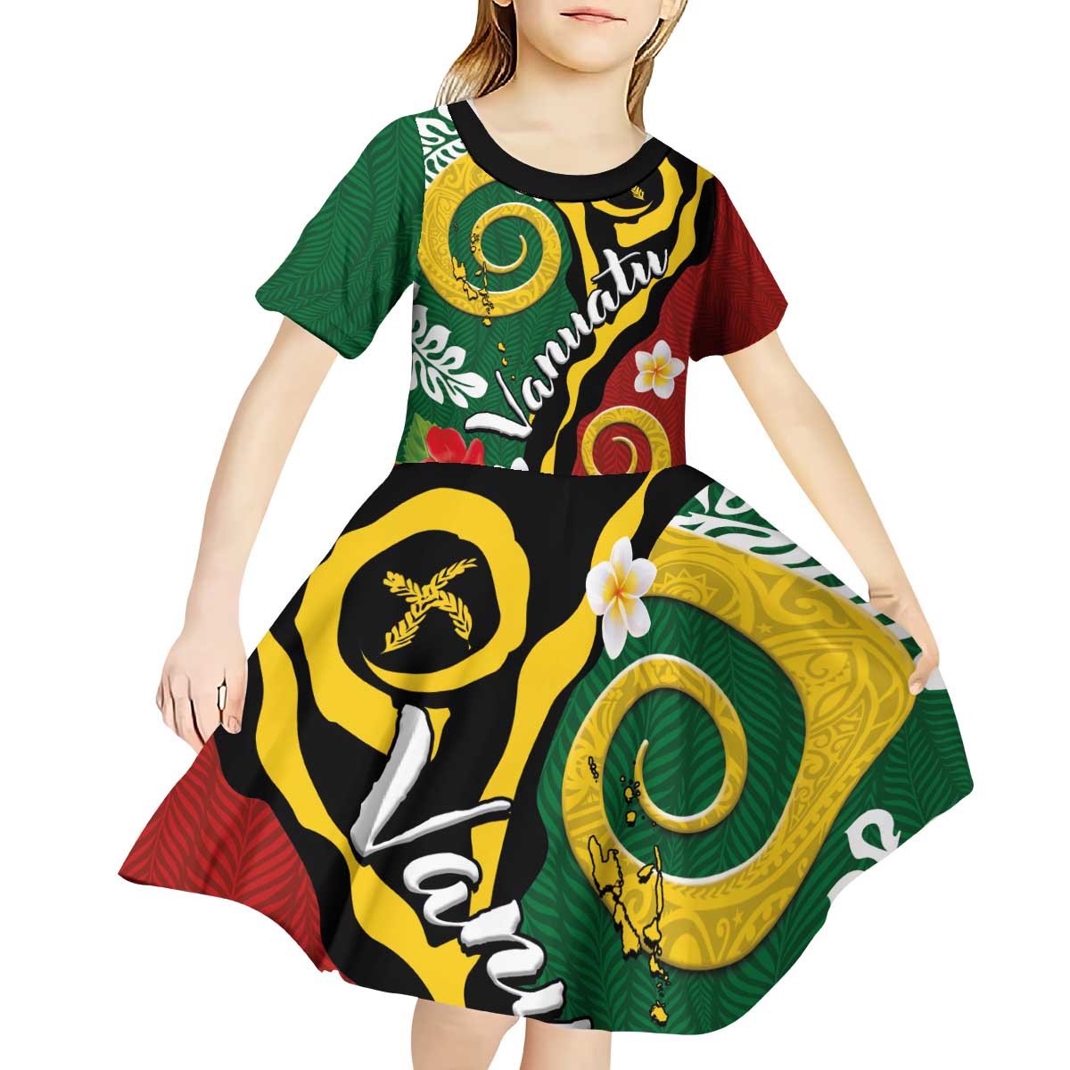 Melanesian Vanuatu Tribal Boar Tusk Kid Short Sleeve Dress Tropical Plants and Namele Motifs - Polynesian Pride