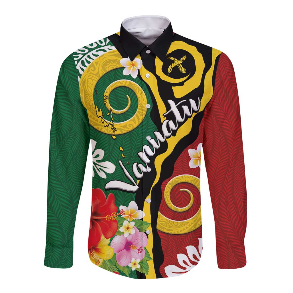 Melanesian Vanuatu Tribal Boar Tusk Long Sleeve Button Shirt Tropical Plants and Namele Motifs - Polynesian Pride
