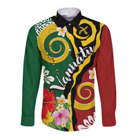 Melanesian Vanuatu Tribal Boar Tusk Long Sleeve Button Shirt Tropical Plants and Namele Motifs - Polynesian Pride