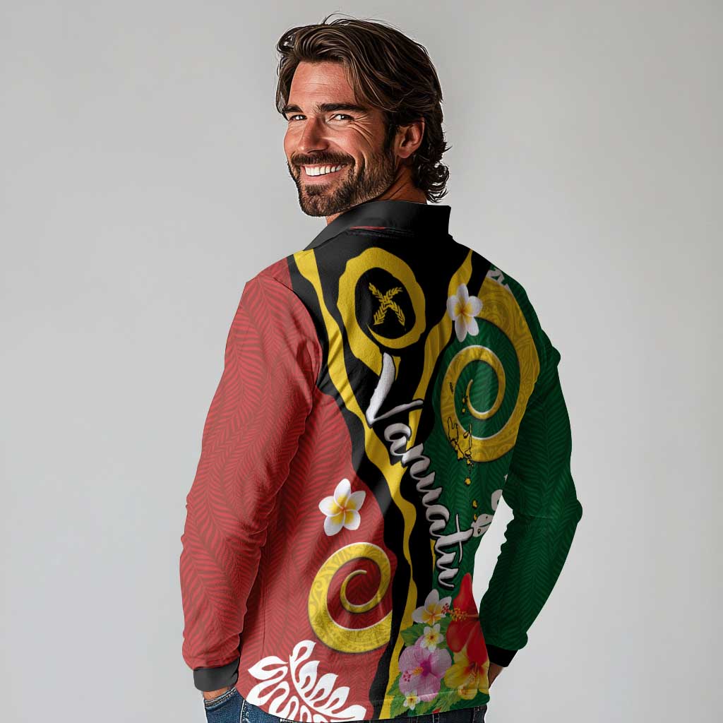 Melanesian Vanuatu Tribal Boar Tusk Long Sleeve Polo Shirt Tropical Plants and Namele Motifs - Polynesian Pride