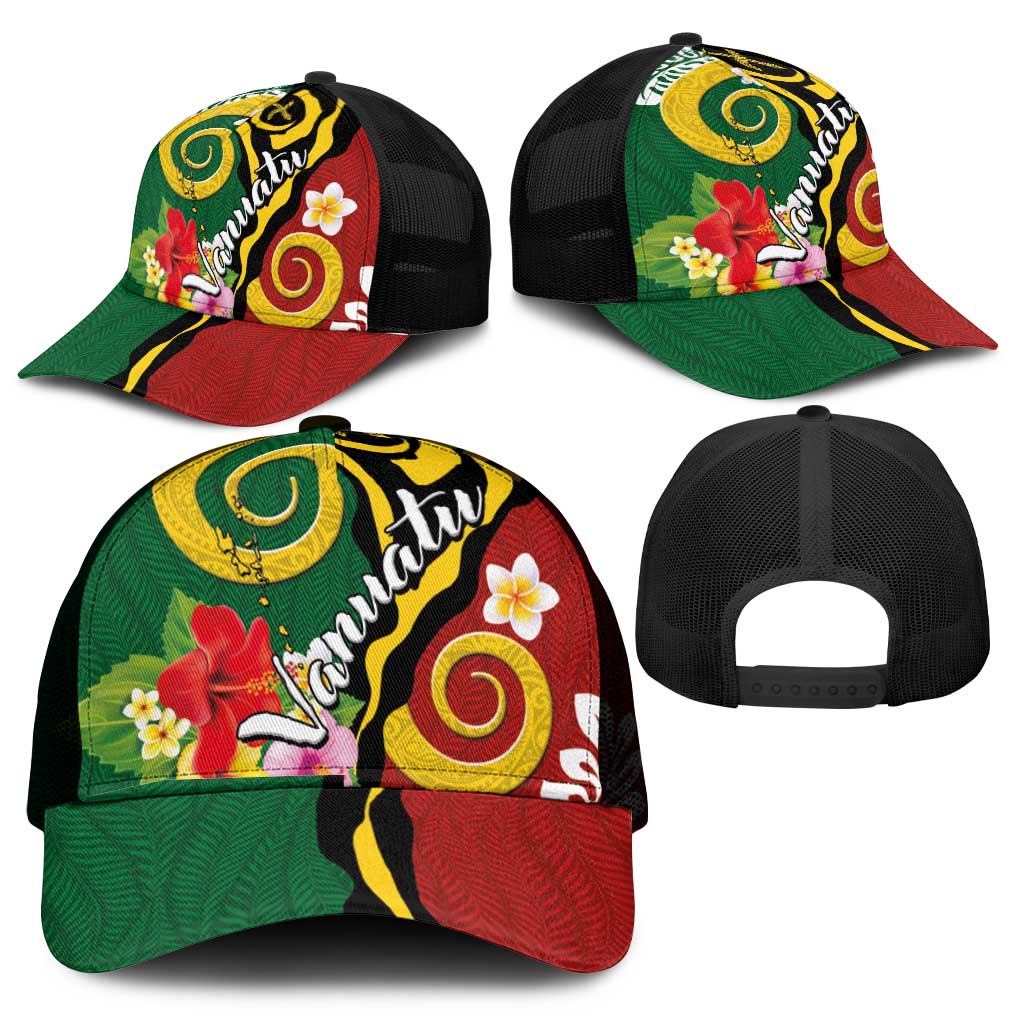 Melanesian Vanuatu Tribal Boar Tusk Mesh Trucker Cap Tropical Plants and Namele Motifs - Polynesian Pride