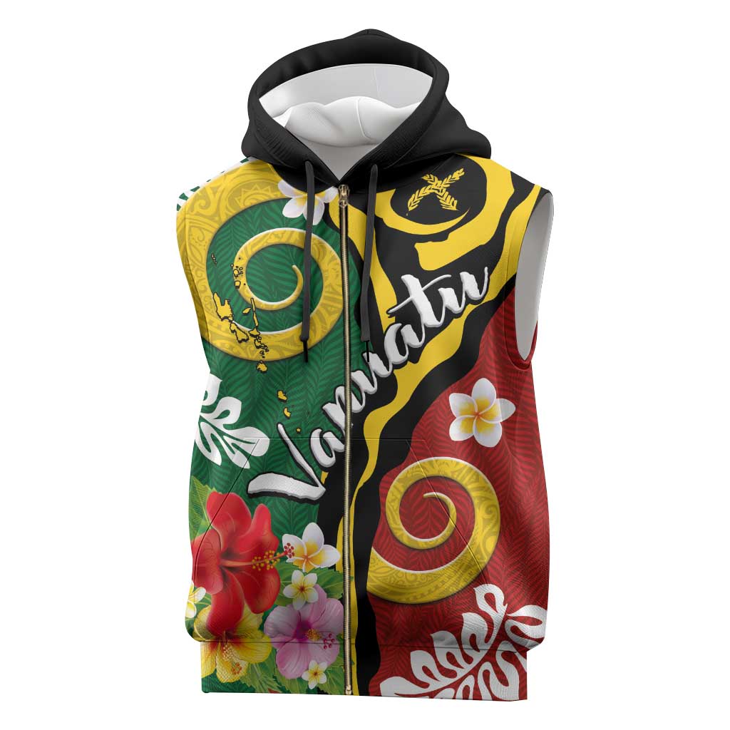 Melanesian Vanuatu Tribal Boar Tusk Sleeveless Zip Hoodie Tropical Plants and Namele Motifs - Polynesian Pride