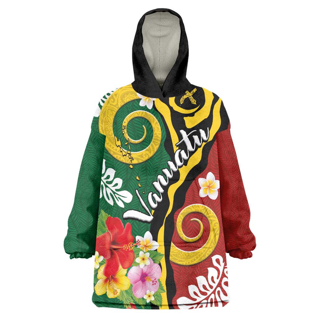 Melanesian Vanuatu Tribal Boar Tusk Wearable Blanket Hoodie Tropical Plants and Namele Motifs - Polynesian Pride