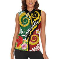 Melanesian Vanuatu Tribal Boar Tusk Women Sleeveless Polo Shirt Tropical Plants and Namele Motifs - Polynesian Pride
