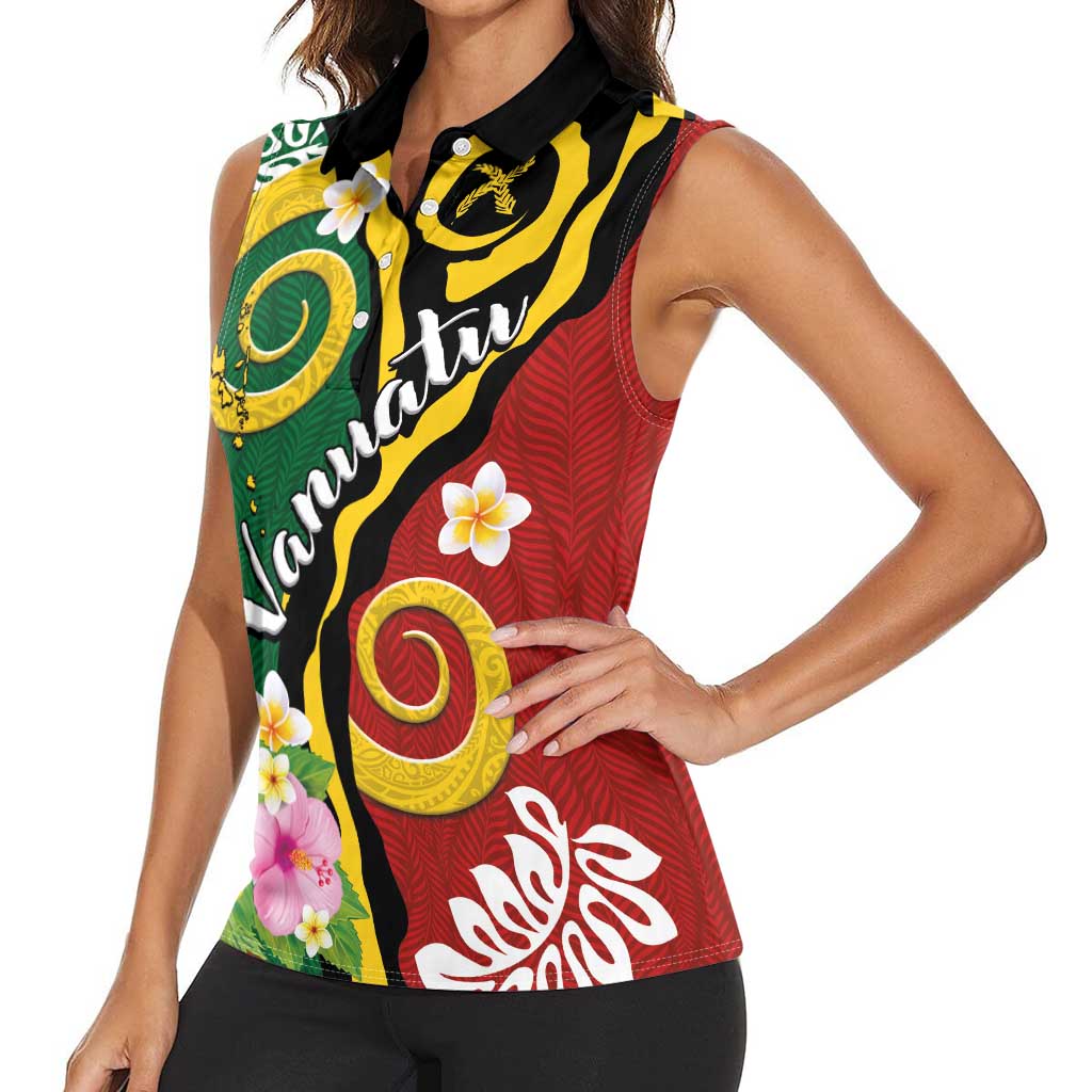 Melanesian Vanuatu Tribal Boar Tusk Women Sleeveless Polo Shirt Tropical Plants and Namele Motifs - Polynesian Pride