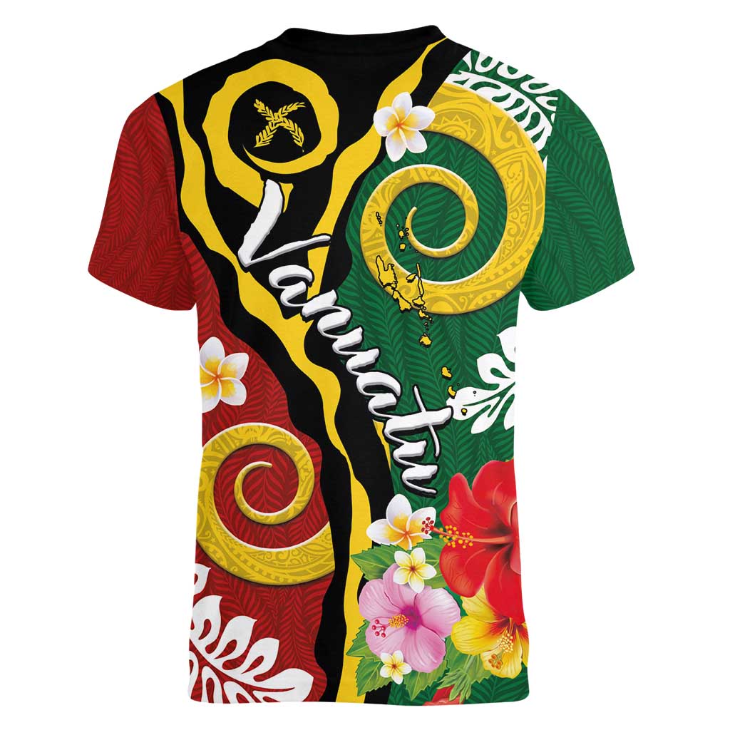 Melanesian Vanuatu Tribal Boar Tusk Women V-Neck T-Shirt Tropical Plants and Namele Motifs - Polynesian Pride