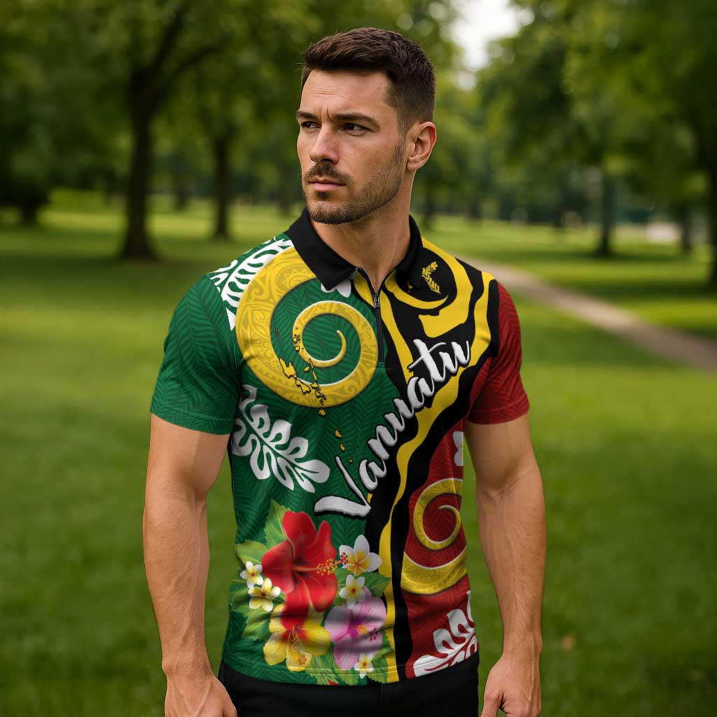 Melanesian Vanuatu Tribal Boar Tusk Zipper Polo Shirt Tropical Plants and Namele Motifs - Polynesian Pride