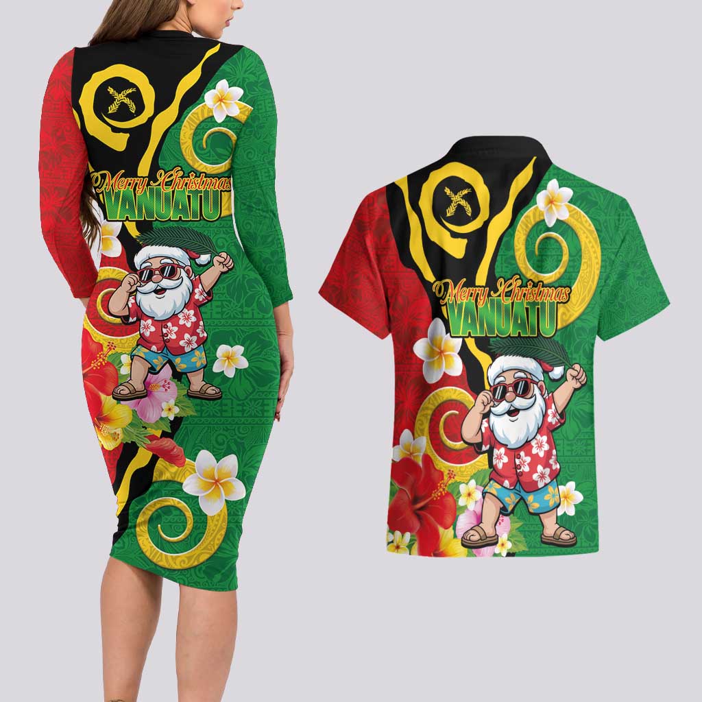 Vanuatu Christmas Couples Matching Long Sleeve Bodycon Dress and Hawaiian Shirt Funny Santa with Namele and Boar Tusk Tribal - Polynesian Pride