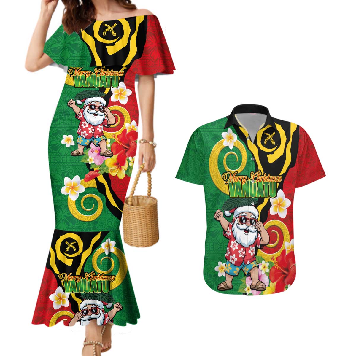 Vanuatu Christmas Couples Matching Mermaid Dress and Hawaiian Shirt Funny Santa with Namele and Boar Tusk Tribal - Polynesian Pride