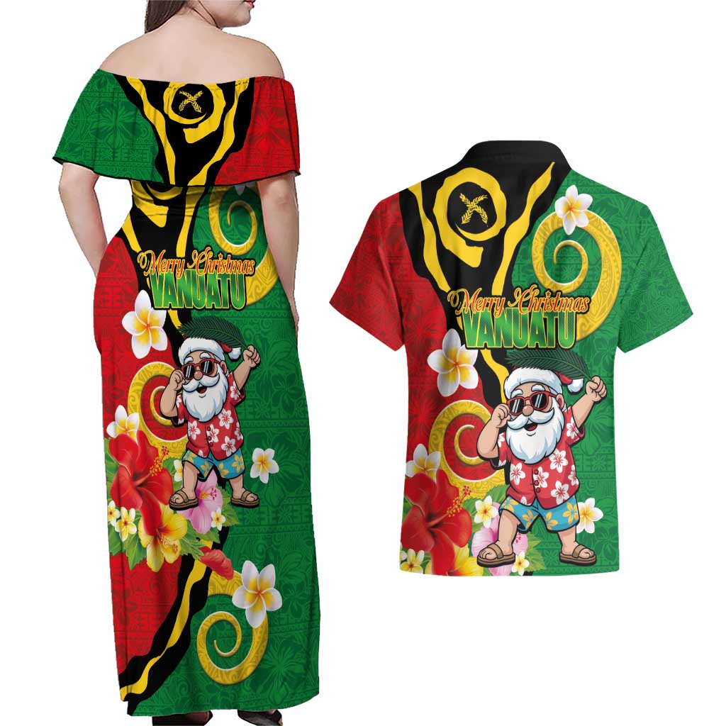 Vanuatu Christmas Couples Matching Off Shoulder Maxi Dress and Hawaiian Shirt Funny Santa with Namele and Boar Tusk Tribal - Polynesian Pride