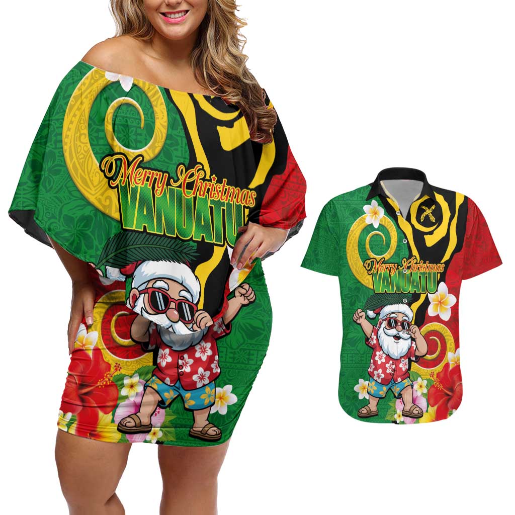 Vanuatu Christmas Couples Matching Off Shoulder Short Dress and Hawaiian Shirt Funny Santa with Namele and Boar Tusk Tribal - Polynesian Pride