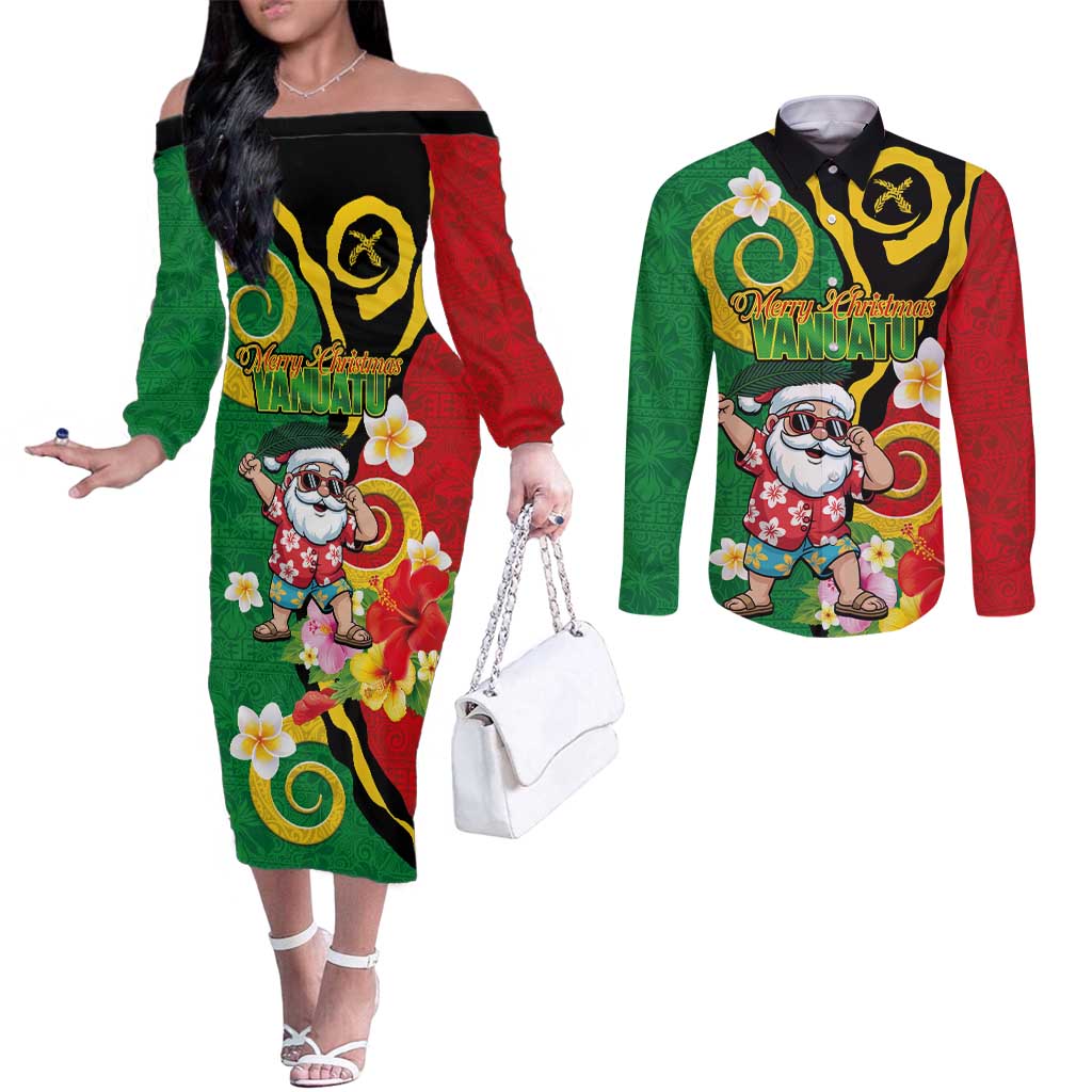 Vanuatu Christmas Couples Matching Off The Shoulder Long Sleeve Dress and Long Sleeve Button Shirt Funny Santa with Namele and Boar Tusk Tribal - Polynesian Pride