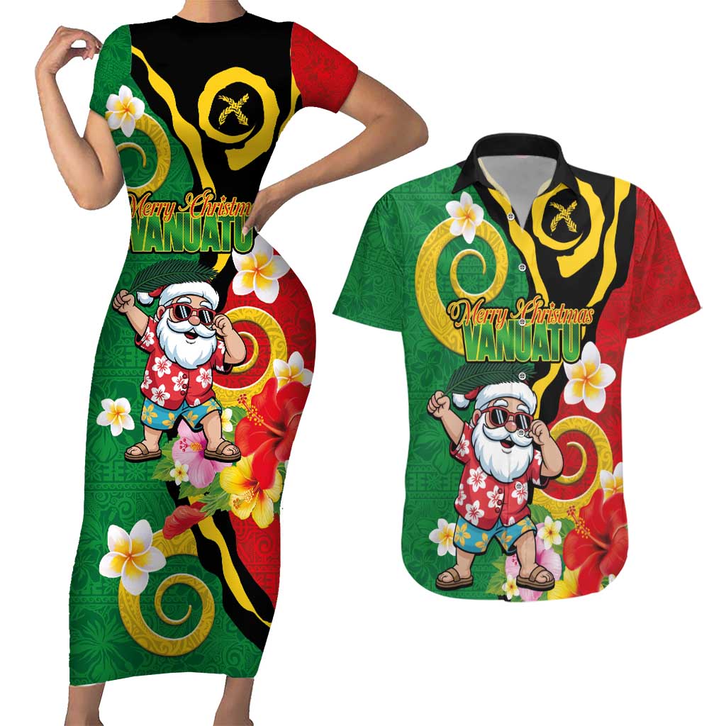 Vanuatu Christmas Couples Matching Short Sleeve Bodycon Dress and Hawaiian Shirt Funny Santa with Namele and Boar Tusk Tribal - Polynesian Pride