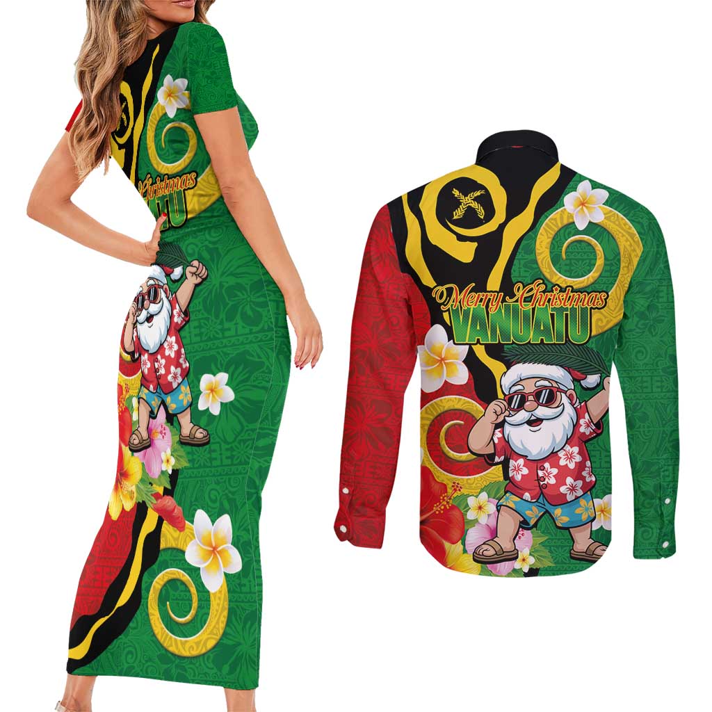 Vanuatu Christmas Couples Matching Short Sleeve Bodycon Dress and Long Sleeve Button Shirt Funny Santa with Namele and Boar Tusk Tribal - Polynesian Pride