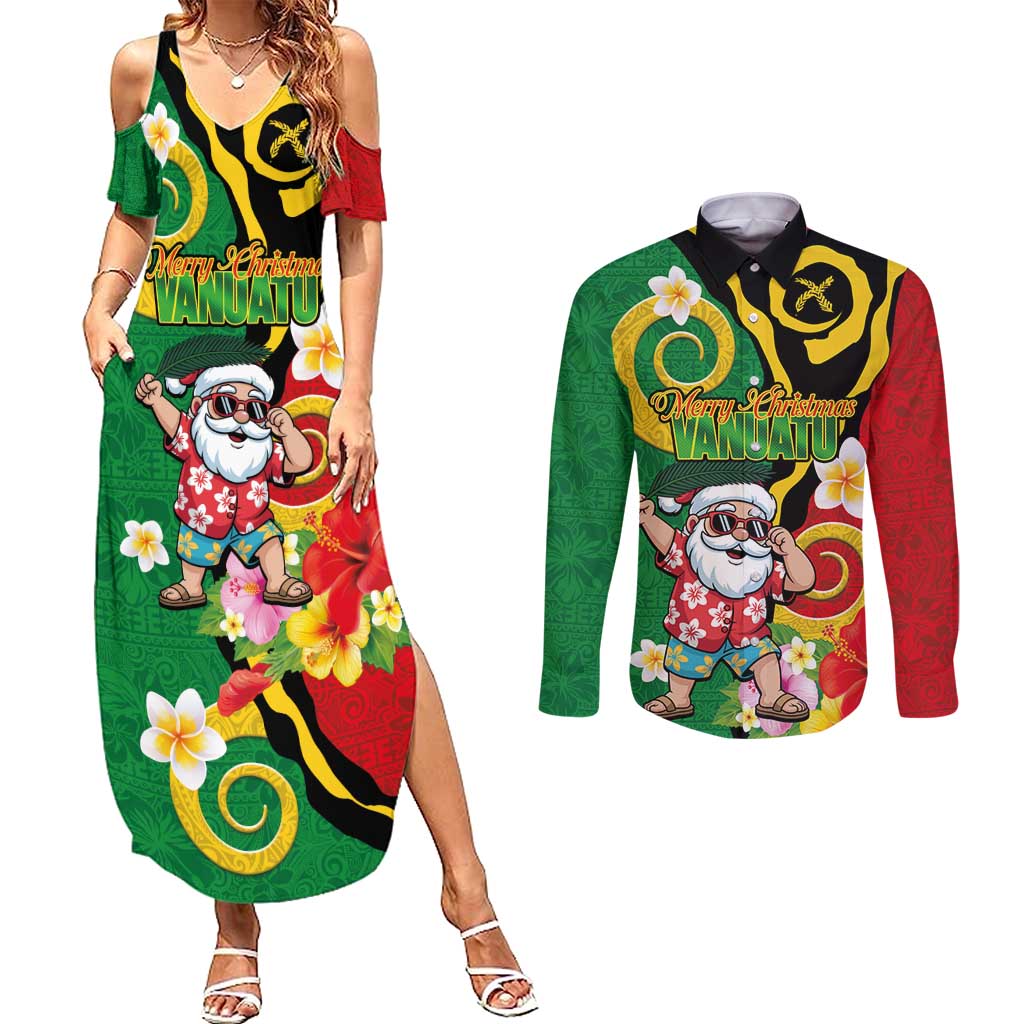 Vanuatu Christmas Couples Matching Summer Maxi Dress and Long Sleeve Button Shirt Funny Santa with Namele and Boar Tusk Tribal - Polynesian Pride