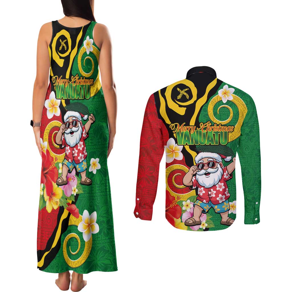 Vanuatu Christmas Couples Matching Tank Maxi Dress and Long Sleeve Button Shirt Funny Santa with Namele and Boar Tusk Tribal - Polynesian Pride